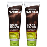 Garnier Nutrisse Color Reviver bottle displaying warm brown color renewal in minutes for color-treated hair.
