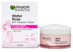 Garnier rose flower with 24H cream suggesting fresh scent.