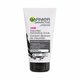Garnier SkinActive Charcoal Scrub bottle promotes pore-clearing cleansing for oily skin.