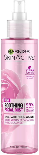 Garnier SkinActive rose water mist bottle for daily hydration.