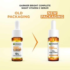 Garnier serum application on the face demonstrates night-time use and absorption.