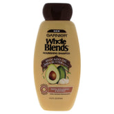 Garnier Whole Blends avocado-oil shampoo bottle for nourished hair and gentle cleansing.