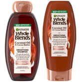 Garnier Whole Blends coconut oil shampoo bottle pour supports smooth frizz control