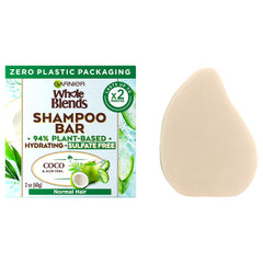 Garnier Whole Blends Hydrating Shampoo Bar packaging shows zero plastic for eco-friendly routine.