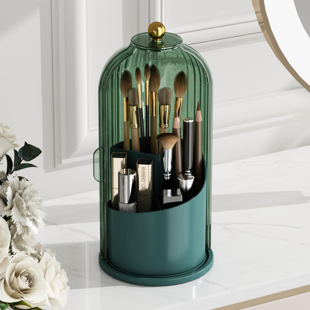 GAXmi makeup brush holder with lid keeps brushes organized and protected from dust and moisture.