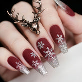 GCSQW Christmas nails with snowflake design in wine red for festive look