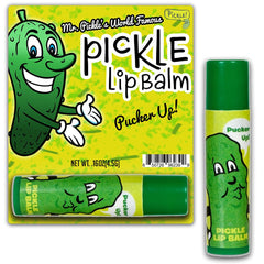 Gears Out Dill Pickle Lip Balm tube shows playful pickle motif for on-the-go lip moisture and playful flavor.