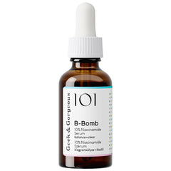 Geek and Gorgeous B-Bomb serum ingredients graphic highlights 10% niacinamide and zinc PCA.