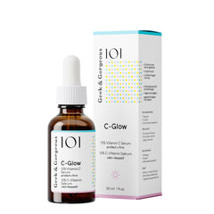 Geek & Gorgeous C-Glow serum bottle pour shows antioxidant protection for daytime use.