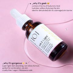 Geek & Gorgeous HA5 Light infographic highlighting five forms of hyaluronic acid for multi-layer hydration.