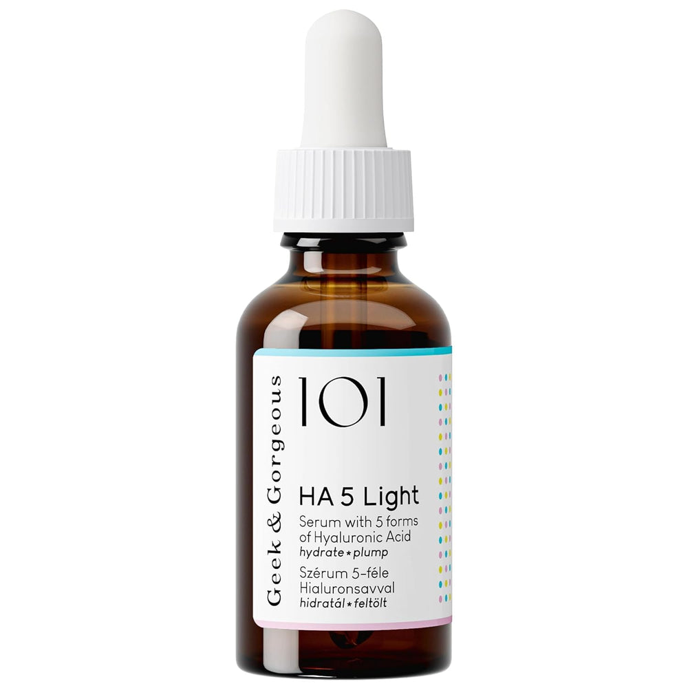 Geek & Gorgeous HA5 Light serum bottle showcasing lightweight hydration for daily use.