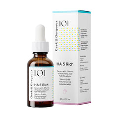 Geek & Gorgeous HA 5 Rich serum bottle closeup, emphasizing hydration for dry skin.