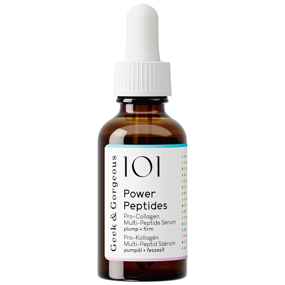 Geek & Gorgeous Power Peptides milky serum bottle showing silky hydration.