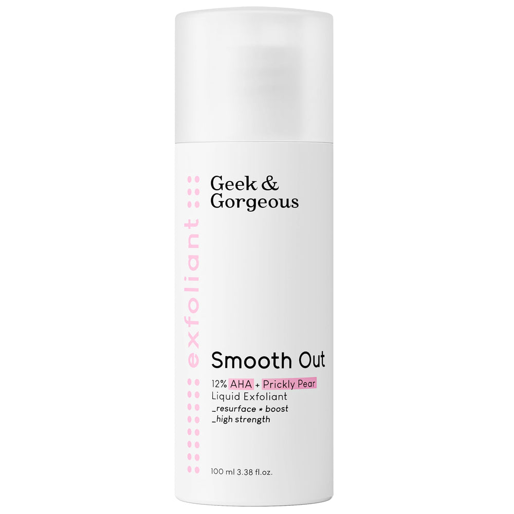 Geek & Gorgeous Smooth Out bottle close-up showing 12% AHA exfoliation.