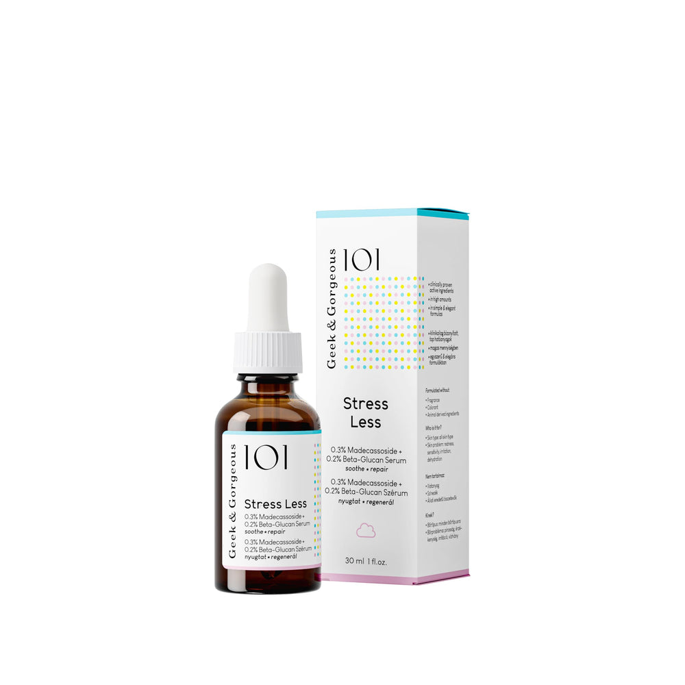 Geek & Gorgeous Stress Less bottle closeup showing silky gel texture for calming hydration.