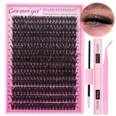 Geeneiya kit contents with clusters, bond, seal, and tweezers for at-home lash DIY