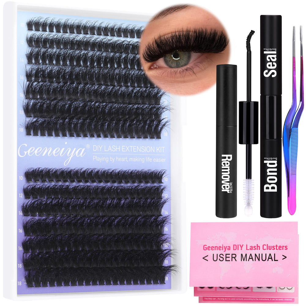 Geeneiya full lash extension kit display box shows all-in-one DIY lash setup for beginners.