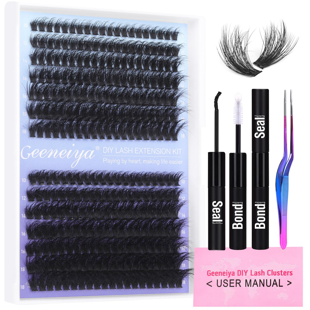 Geeneiya lash-extension-kit-contents including clusters, bond & seal, tweezers, manual for at-home use