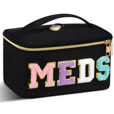 Geetery Meds Bag with chenille patch shows durable travel organization for cosmetics and meds.