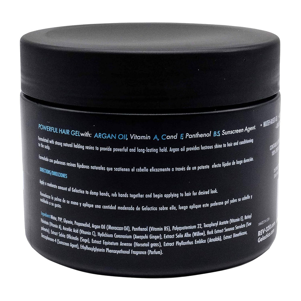 Gelactica Rev320 hair gel bottle shows strong hold and natural shine.