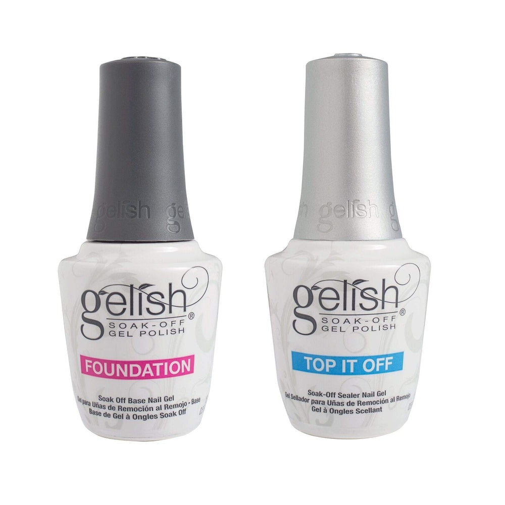 Gelish Dynamic Duo Foundation Base Top Sealer bottle offers durable, salon-grade shine for home manicures.
