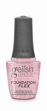 Gelish Foundation Flex bottle closeup highlights the flexible base gel for long-lasting protection.