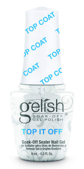 Gelish MINI Top It Off bottle shows a glossy seal for lasting shine.