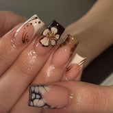 Generic fall press-on nails with leopard design in square medium shape for chic autumn style