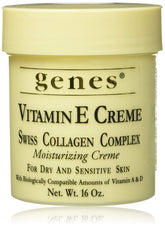 Genes Vitamin E Creme bottle close-up showing hydrating formula for dry skin relief.