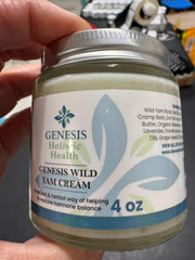 Texture close-up of Genesis Holistic Health Wild Yam Root Cream showing light hydration