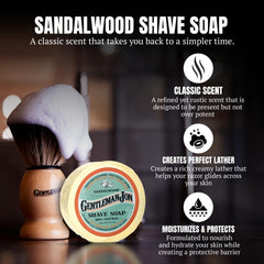 Gentleman Jon sandalwood-shave-soap nourishes skin with creamy lather.