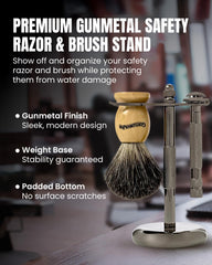 Gentleman Jon shaving stand gunmetal-finish adds sleek style to grooming ritual.