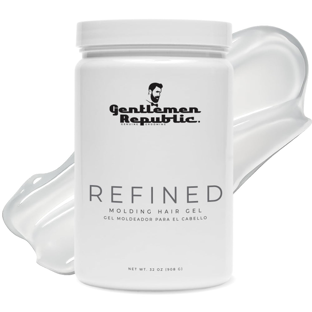 Gentlemen Republic Refined Hair Gel bottle showcasing high hold and shine