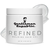 Gentlemen Republic Refined Hair Gel bottle shows an 8oz professional styling capability for long-lasting hold.