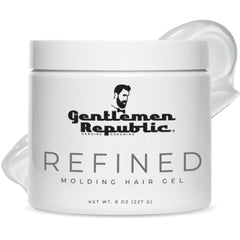 Gentlemen Republic Refined Hair Gel bottle shows an 8oz professional styling capability for long-lasting hold.