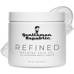 Gentlemen Republic Refined Hair Gel bottle shows humidity-resistant high-hold performance.