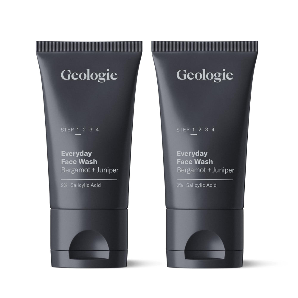 Geologie 2% Salicylic Acid Face Wash bottle closeup highlights pore-clearing formula for clearer skin.