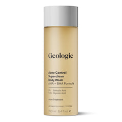 Geologie Acne Control Body Wash bottle pour shows unscented exfoliating formula for clear skin.