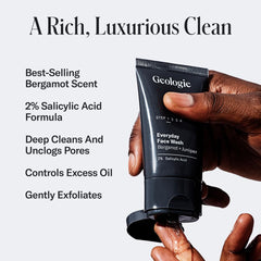 Geologie face wash two-percent salicylic acid bottle on sink demonstrates oil control.