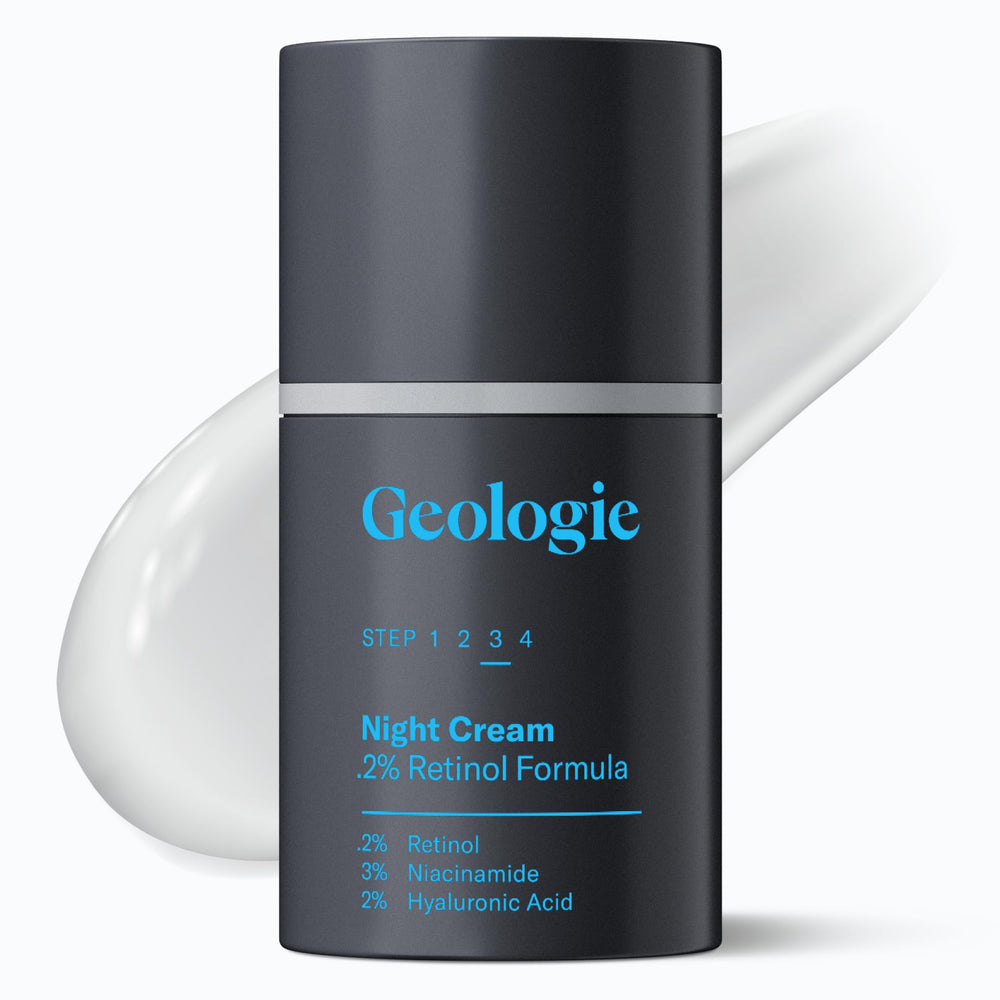 Geologie retinol night cream bottle pour demonstrates smooth, hydrated skin improvement