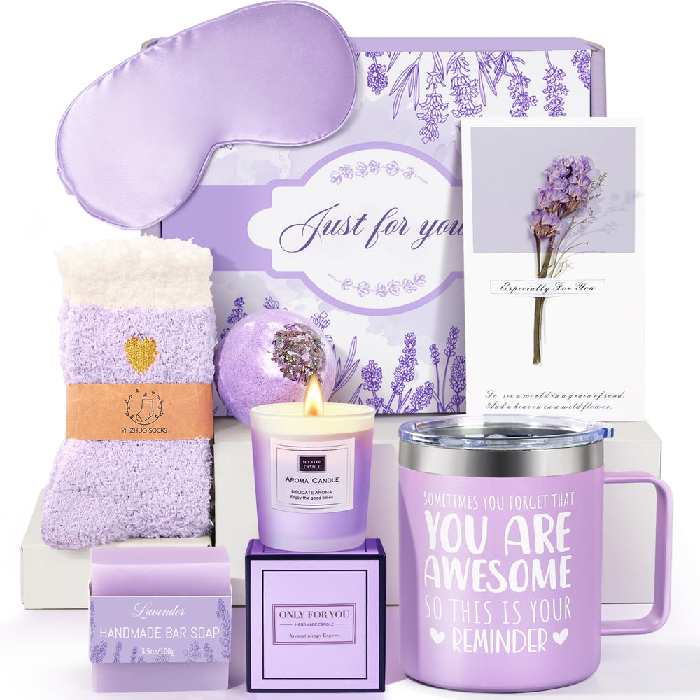 GiftPeak lavender-candle in the gift basket for calming aromatherapy at home.