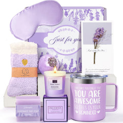 GiftPeak lavender-candle in the gift basket for calming aromatherapy at home.