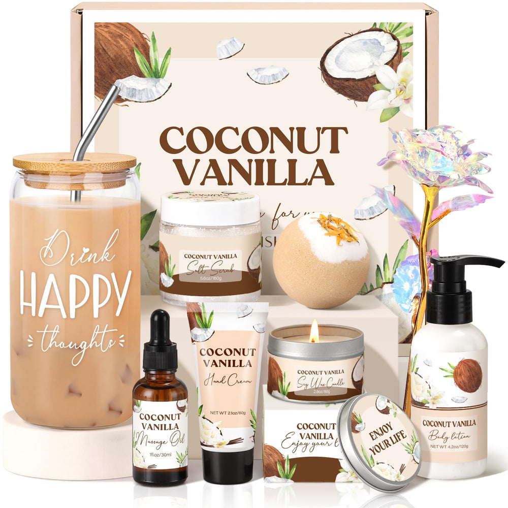 GiftPeak spa gift basket box with vanilla coconut set for at-home self-care ritual.