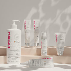 Topicrem GIGATEMP body milk application promotes even skin tone with gentle fragrance.