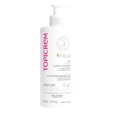 Topicrem GIGATEMP body milk pour demonstrates fast absorption for hydrated skin.