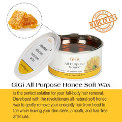 GiGi All Purpose Honee Wax with waxing strips on display.