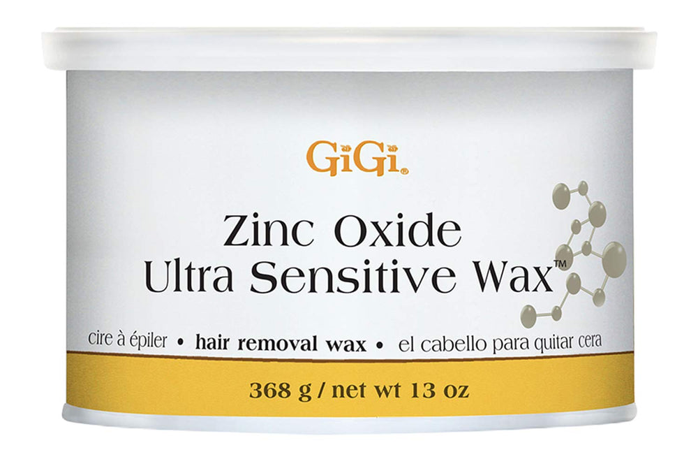 GIGI Zinc Oxide wax tub close-up showing barrier protection for delicate skin.