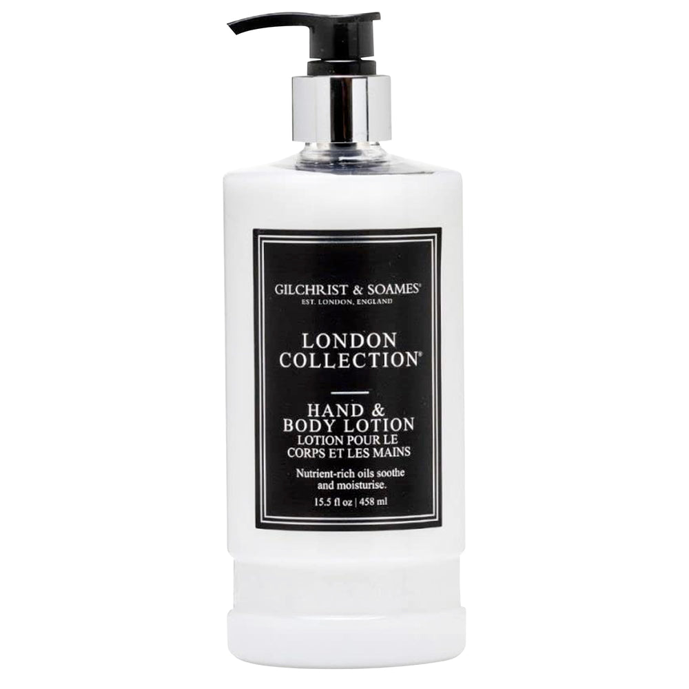 Gilchrist & Soames London Hand & Body Lotion bottle with pump for daily hydrating care.