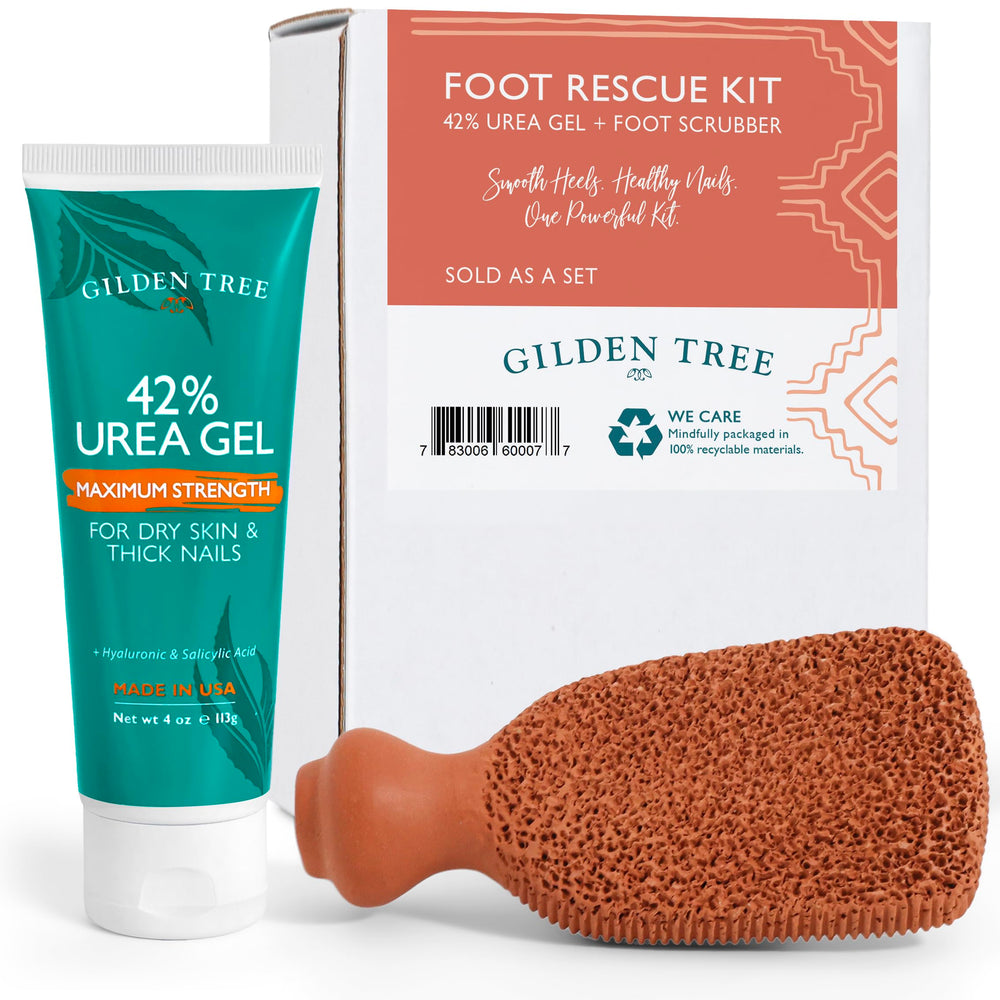 GILDEN TREE callus remover gel and foot scrubber kit packaging ready for at-home pedicure comfort.