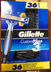 Gillette Custom Plus3 disposable razor box with 36-count bulk pack for everyday grooming.